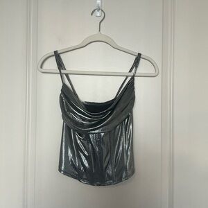 Sincerely Jules Metallic Silver Women's Corset Top with Crisscross Back